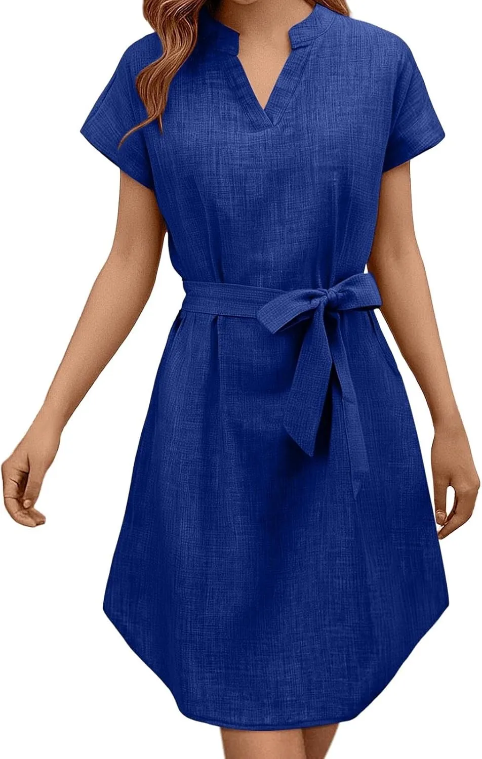 Womens Shirt Dress Summer Cotton Linen Dress V-Neck Belted Mini Short Dress Casual Short Sleeve Loose Tunic Dresses