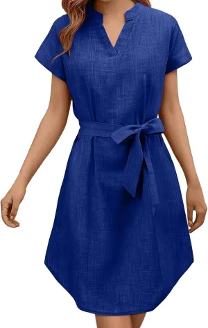 Womens Shirt Dress Summer Cotton Linen Dress V-Neck Belted Mini Short Dress Casual Short Sleeve Loose Tunic Dresses Womens Shirt Dress Summer Cotton Linen Dress V-Neck Belted Mini Short Dress Casual Short Sleeve Loose Tunic Dresses
