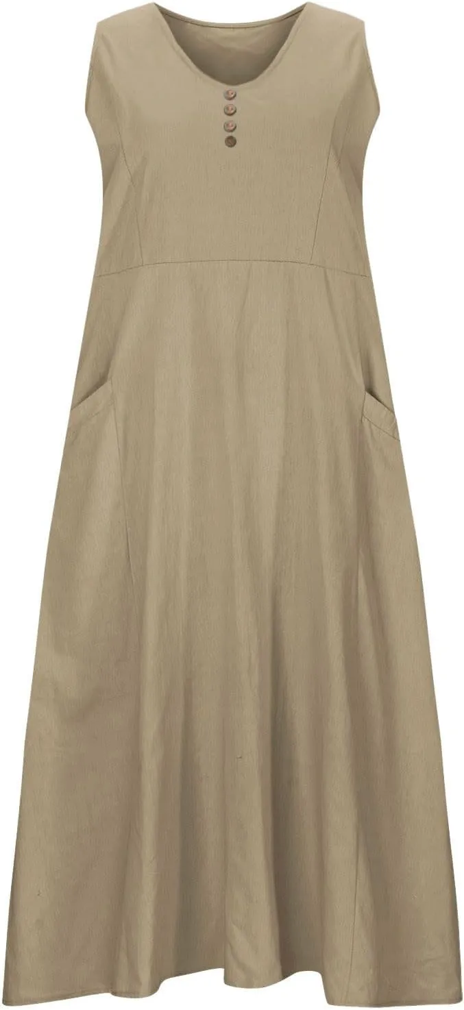 Women's Sleeveless Cotton Linen Dress Summer Beach Tank Dress Plus Size Printed Long Dress with Pockets