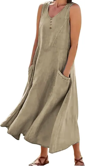 Women's Sleeveless Cotton Linen Dress Summer Beach Tank Dress Plus Size Printed Long Dress with Pockets