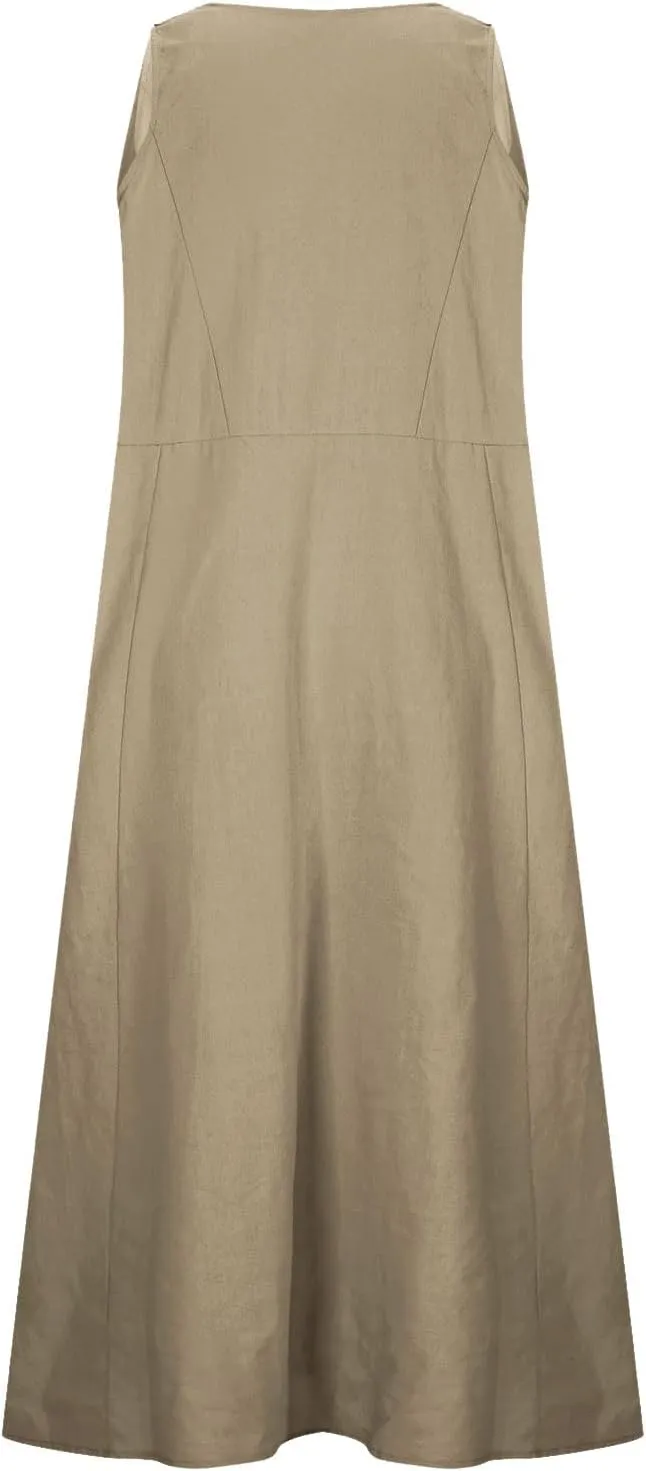 Women's Sleeveless Cotton Linen Dress Summer Beach Tank Dress Plus Size Printed Long Dress with Pockets