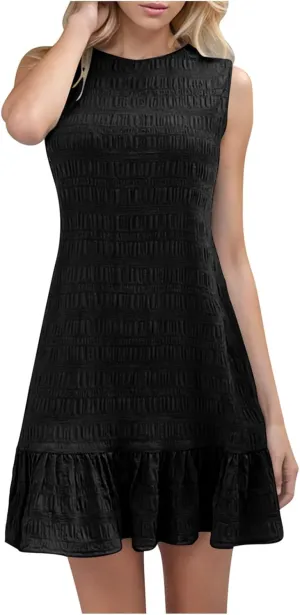 Womens Sleeveless Summer Dresses Crew Neck Ruffle Mini Dress Casual Tshirt Dress Trendy Beach Vacation Outfits Sundress