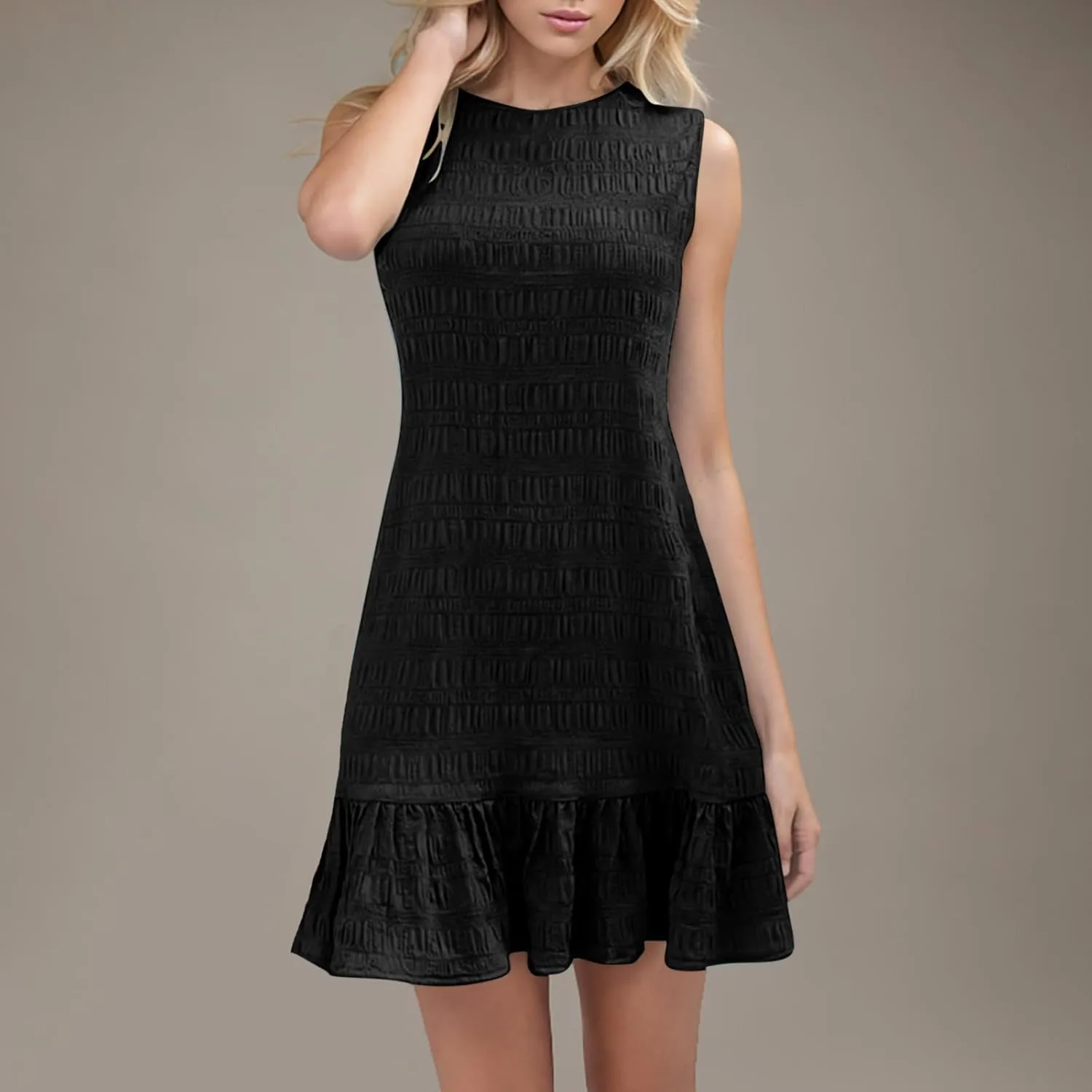 Womens Sleeveless Summer Dresses Crew Neck Ruffle Mini Dress Casual Tshirt Dress Trendy Beach Vacation Outfits Sundress