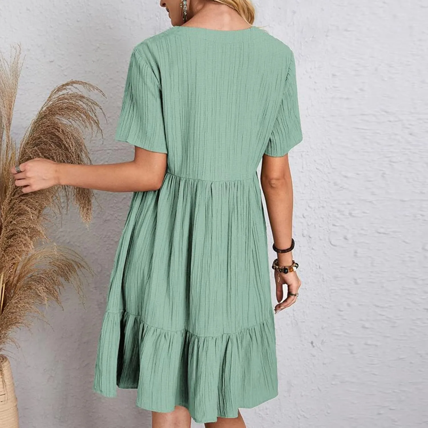 Women's Summer Dress 2024 Loose Crew Neck Short Sleeve Solid Sundress Casual Pleated Flowy Beach Mini Dresses