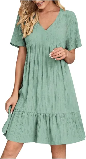Women's Summer Dress 2024 Loose Crew Neck Short Sleeve Solid Sundress Casual Pleated Flowy Beach Mini Dresses