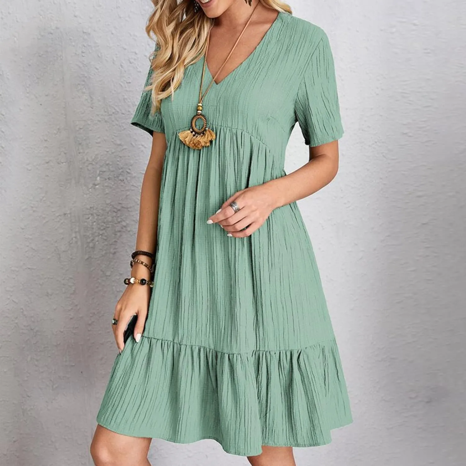 Women's Summer Dress 2024 Loose Crew Neck Short Sleeve Solid Sundress Casual Pleated Flowy Beach Mini Dresses