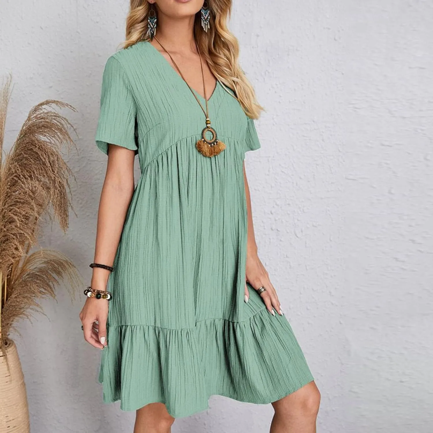 Women's Summer Dress 2024 Loose Crew Neck Short Sleeve Solid Sundress Casual Pleated Flowy Beach Mini Dresses