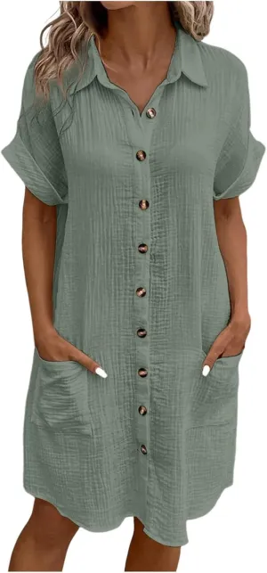 Women's Summer Dresses 2025 Cap Sleeves Button Down Solid Oversized Short Dress Tshirt Mini Dress with Pockets Women's Summer Dresses 2025 Cap Sleeves Button Down Solid Oversized Short Dress Tshirt Mini Dress with Pockets