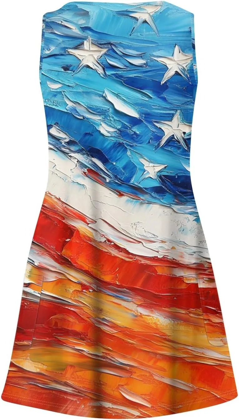 Women's Summer Dresses 4Th July Dresses V Neck Sleeveless Tank Sundresses with Pockets Floral Mini Dress, S-2XL