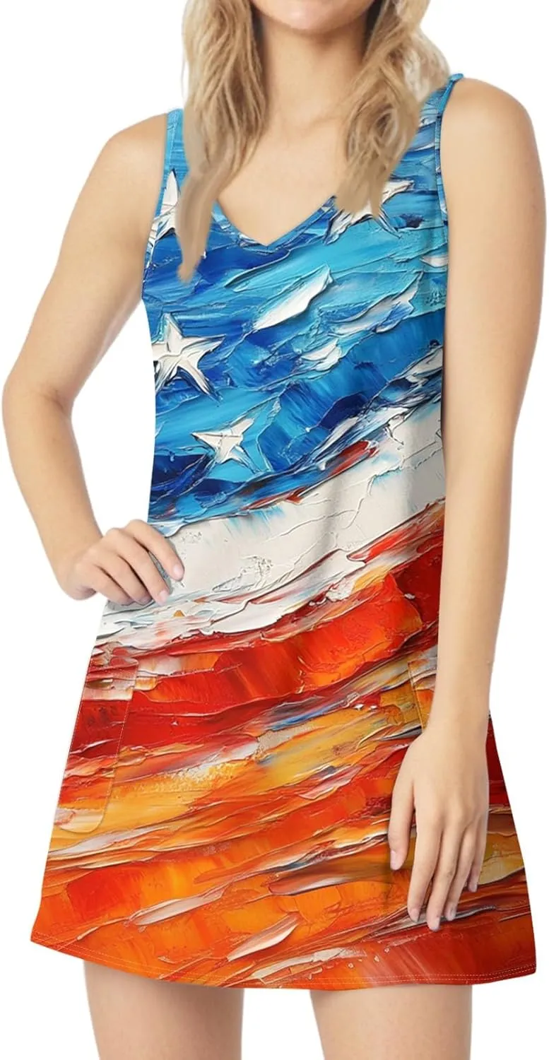 Women's Summer Dresses 4Th July Dresses V Neck Sleeveless Tank Sundresses with Pockets Floral Mini Dress, S-2XL