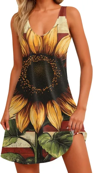 Women's Summer Dresses 4Th July Dresses V Neck Sleeveless Tank Sundresses with Pockets Floral Mini Dress, S-2XL