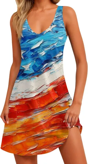 Women's Summer Dresses 4Th July Dresses V Neck Sleeveless Tank Sundresses with Pockets Floral Mini Dress, S-2XL