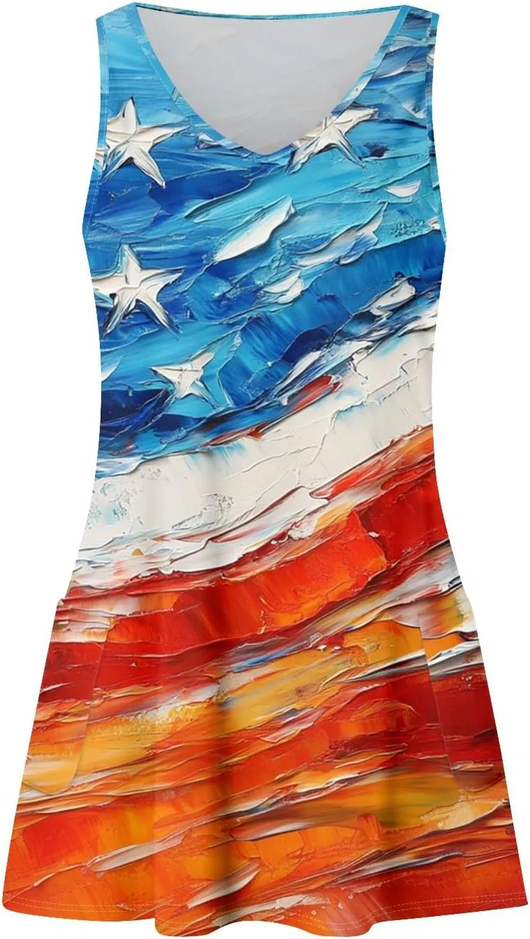 Women's Summer Dresses 4Th July Dresses V Neck Sleeveless Tank Sundresses with Pockets Floral Mini Dress, S-2XL