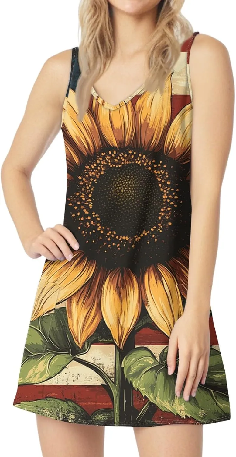 Women's Summer Dresses 4Th July Dresses V Neck Sleeveless Tank Sundresses with Pockets Floral Mini Dress, S-2XL
