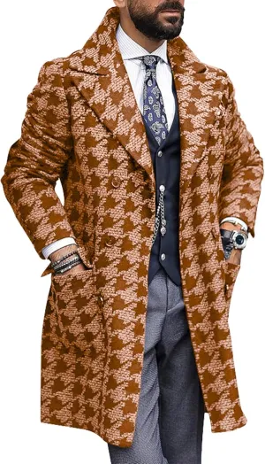 yoeasy Men's Printed Notched Collar Plaid Double Breasted Trench Coat Mid Length Slim Fit Woolen Blend Pea Coat