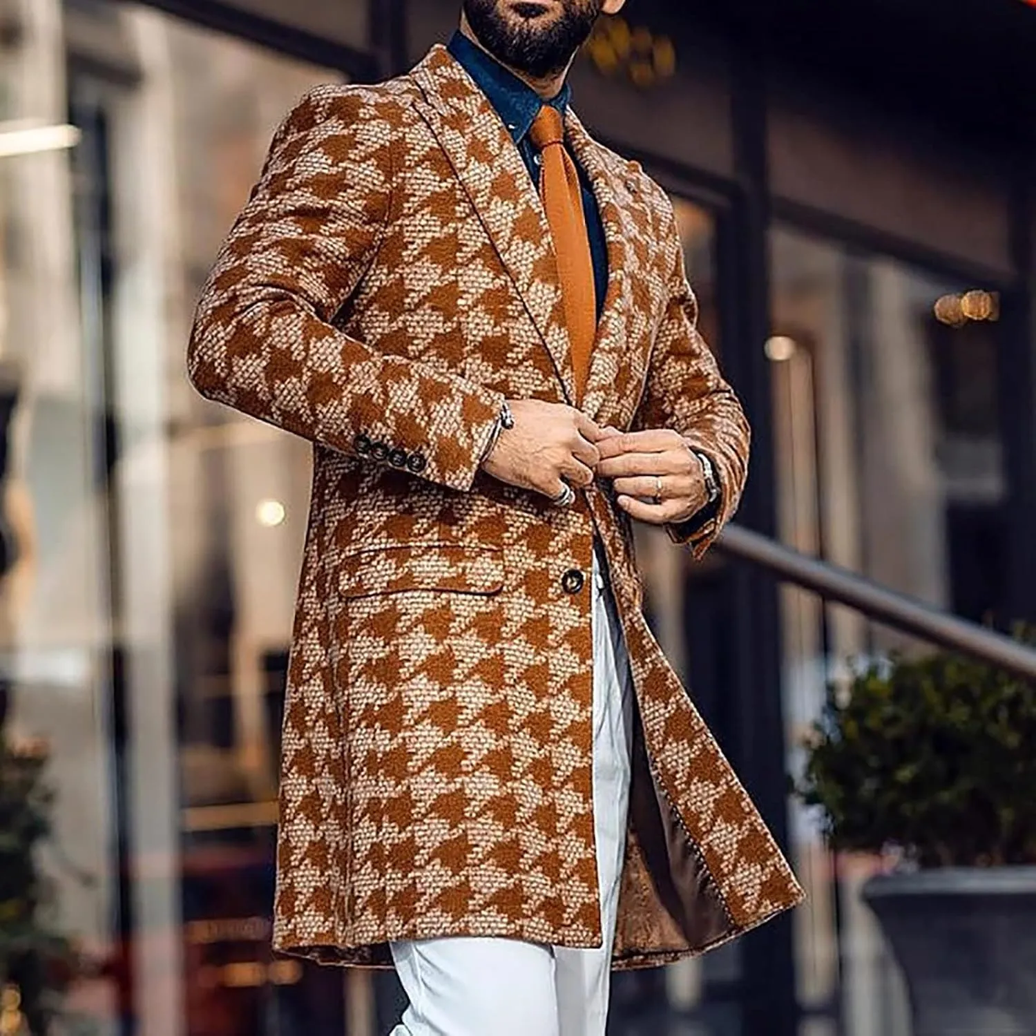 yoeasy Men's Printed Notched Collar Plaid Double Breasted Trench Coat Mid Length Slim Fit Woolen Blend Pea Coat