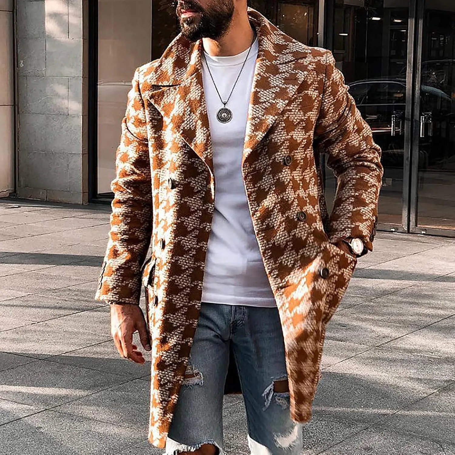 yoeasy Men's Printed Notched Collar Plaid Double Breasted Trench Coat Mid Length Slim Fit Woolen Blend Pea Coat