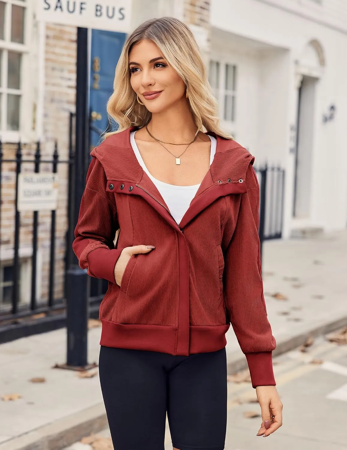 Zeagoo Womens Corduroy Knit Hoodies Zip Up Shirt Jacket Slouchy Short Jackets Casual Long Sleeve Shackets