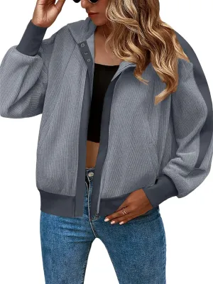 Zeagoo Womens Corduroy Knit Hoodies Zip Up Shirt Jacket Slouchy Short Jackets Casual Long Sleeve Shackets